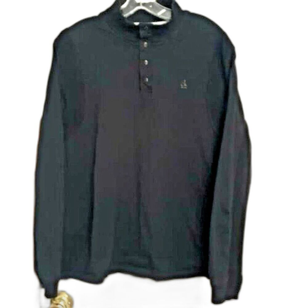 Calvin Klein Mens Sz Large High Neck Henley Polo Shirt Black Snaps